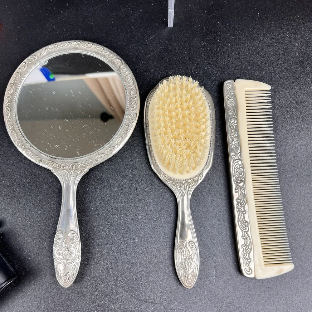 Vtg Silver Plated Vanity Set Hand Mirror, Hair Brush & Comb, Heavy Appx 70 Yrs